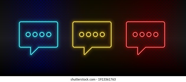 Neon icon set chat, chat bubble. Set of red, blue, yellow neon vector icon