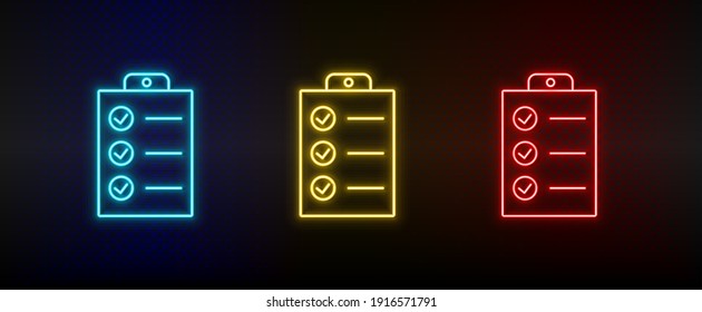 Neon icon set checklist, tasks. Set of red, blue, yellow neon vector icon