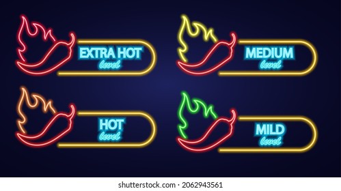 Neon icon set chilli with fire. Signboard with hot burning pepper. Spice Levels vector illustration. Night bright signs