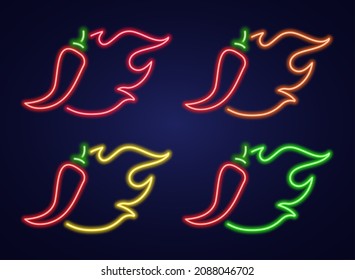 Neon icon set chilli with fire. Signboard with hot burning pepper. Spice Levels vector illustration. Night bright signs.