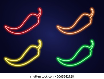 Neon icon set chilli pepper. Signboard with hot burning pepper. Spice Levels vector illustration. Night bright signs