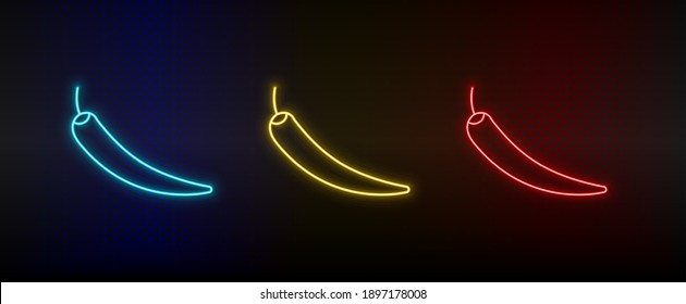 Neon icon set chilli. Set of red, blue, yellow neon vector icon