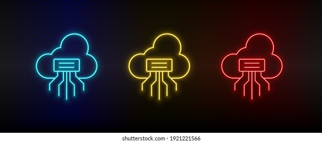 Neon icon set Cloud download. Set of red, blue, yellow neon vector icon