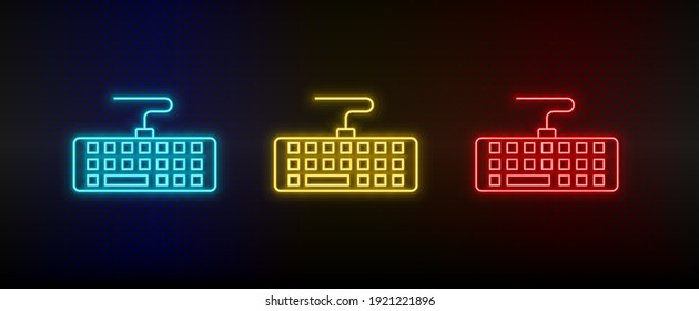 Neon icon set Computer hardware. Set of red, blue, yellow neon vector icon