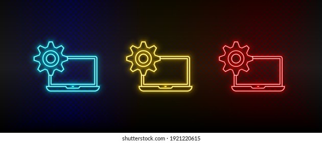 Neon icon set Computer service. Set of red, blue, yellow neon vector icon