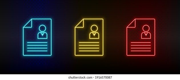 Neon icon set contract, cv. Set of red, blue, yellow neon vector icon
