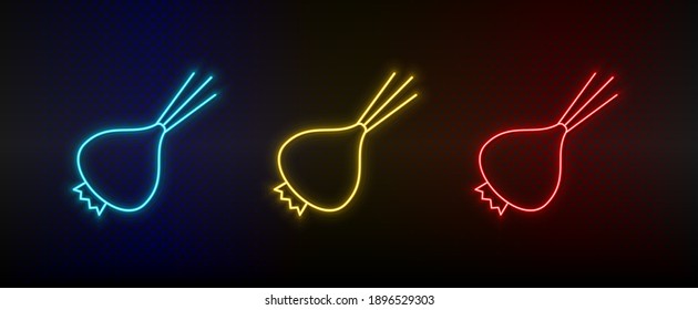 Cocina con iconos de neón, ingrediente. Icono de vector de neón rojo, azul, amarillo