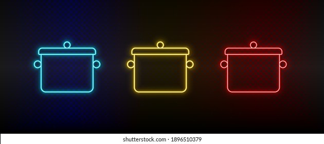 Neon Ikone setzen Kochen Pfanne. Satz von rotem, blauem, gelbem NeonVektorsymbol