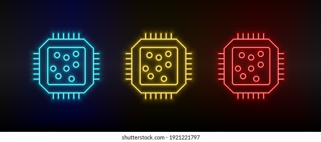 Neon icon set Cpu hardware. Set of red, blue, yellow neon vector icon