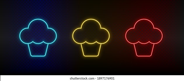 Un icono de neón pone un cupcake. Icono de vector de neón rojo, azul, amarillo