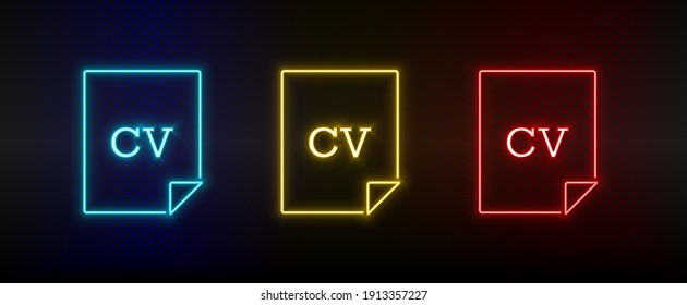 Neon icon set cv. Set of red, blue, yellow neon vector icon