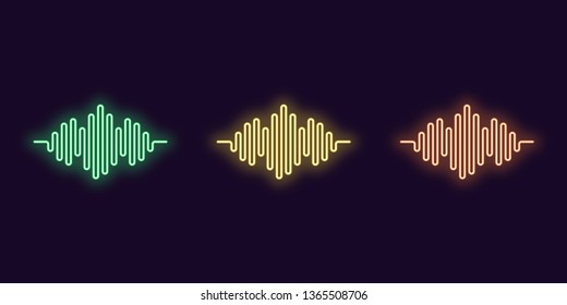 Neon icon Set of Digital sound wave. Vector abstract illustration of neon Music wave shape. Wavy motion line, pulsating audio track. Isolated glowing outline symbol. Green, yellow and orange colors