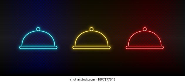 Neon icon set dinner, dishware. Set of red, blue, yellow neon vector icon