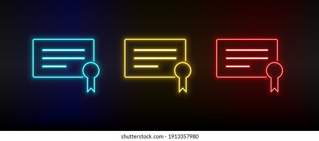 Neon icon set diploma. Set of red, blue, yellow neon vector icon
