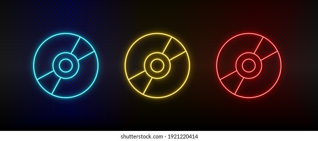 Neon icon set Disk. Set of red, blue, yellow neon vector icon