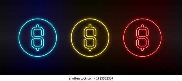 Neon Icon Set Dollar, Money, Coin. Set Of Red, Blue, Yellow Neon Vector Icon