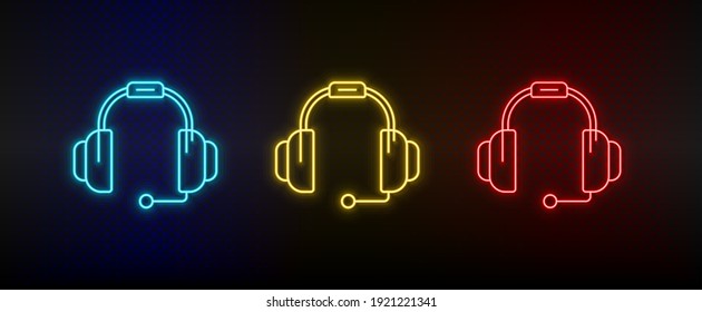 Neon icon set Earphone headphone. Set of red, blue, yellow neon vector icon