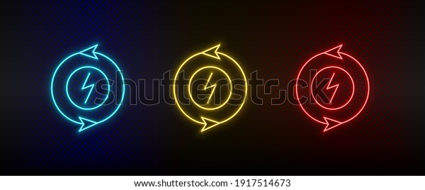 Neon icon set eco, energy. Set of red, blue, yellow\
neon vector icon