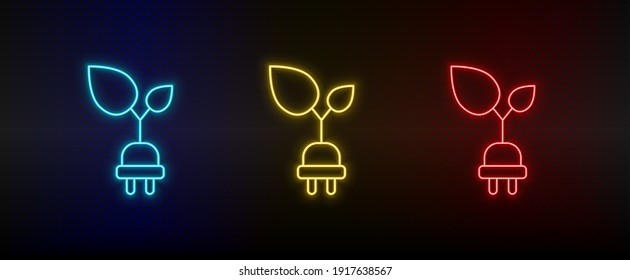 Neon Icon setzt Ökologie und Umwelt. Satz von rotem, blauem, gelbem NeonVektorsymbol
