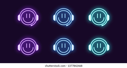 Neon icon set of emoji Gamer with Smile and Headphones. Glowing Neon Gamer or chat Bot or Dj, vector illustration. Isolated digital collection of signs, symbols. Violet, blue and azure color