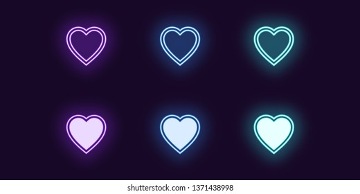 Neon icon set of Fashion heart. Vector illustration of glowing Neon Heart, bright Passion. Isolated collection of digital icon, sign and symbol for decoration. UI element. Violet, blue and azure color