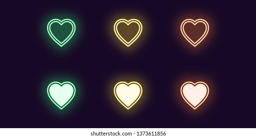 Neon icon set of Fashion heart. Vector illustration of glowing Neon Heart, bright Passion. Isolated collection of digital icon, sign and symbol for decoration. UI element. Green, yellow and orange