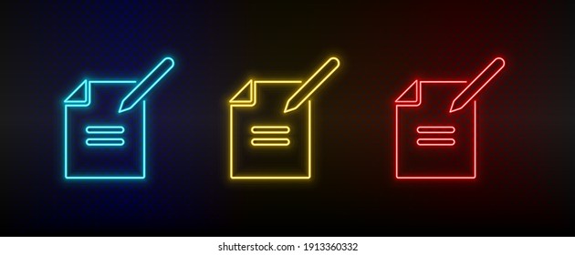 Neon icon set file, pencil. Set of red, blue, yellow neon vector icon