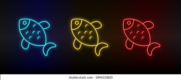 Neon icon set fish, food. Set of red, blue, yellow neon vector icon