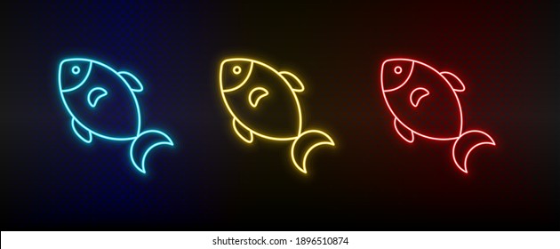 Neonsymbol setzt Fisch, Essen. Satz von rotem, blauem, gelbem NeonVektorsymbol