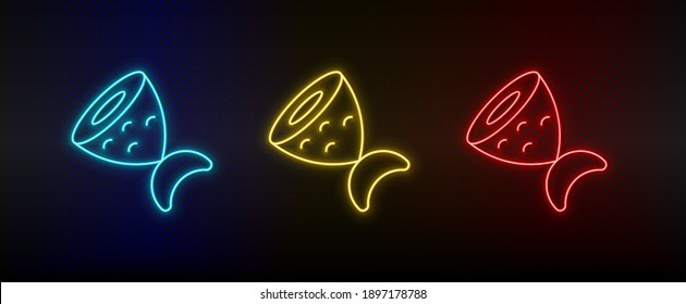 Neon icon set fish, sliced fish. Set of red, blue, yellow neon vector icon