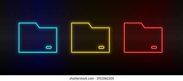 Neon icon set folder. Set of red, blue, yellow neon vector icon