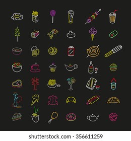 Neon icon set of food and drink. Doodle. Sketch. 