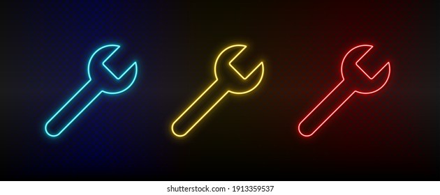 Neon icon set garage tool, repair. Set of red, blue, yellow neon vector icon