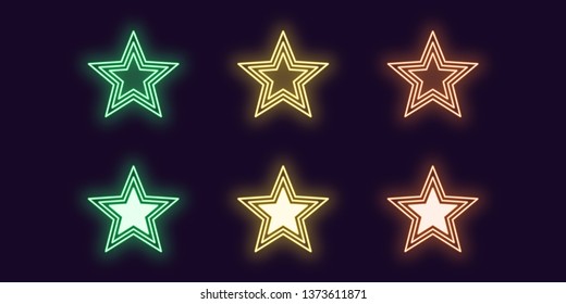 Conjunto de iconos Neon de Star brillante. Ilustración vectorial de la estrella Neon brillante en el estilo de contorno. Colección digital aislada de iconos, signos y símbolos para la industria del entretenimiento. Verde, amarillo y naranja