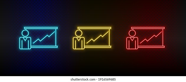 Neon icon set graph, meeting. Set of red, blue, yellow neon vector icon