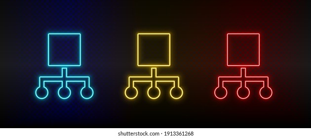 Icono de neón conjunto jerárquico, red. Icono de vector de neón rojo, azul, amarillo