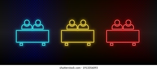 Neon icon set interview, users. Set of red, blue, yellow neon vector icon