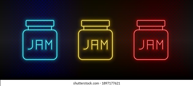 Neon icon set jam. Set of red, blue, yellow neon vector icon