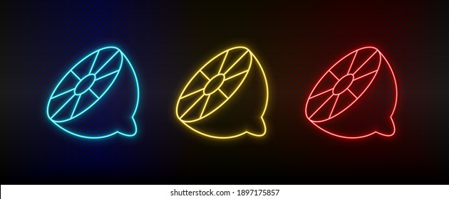 Neonsymbol setzt Zitrone. Satz von rotem, blauem, gelbem NeonVektorsymbol
