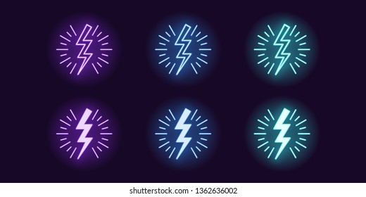 Neon icon set of Lightning bolt flash. Vector illustration of glowing zigzag Lightning surrounded sparks. Electric strike charge. Neon glowing sign, symbol, icon. Violet, blue and azure