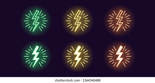 Neon icon set of Lightning bolt flash. Vector illustration of glowing zigzag Lightning surrounded sparks. Electric strike charge. Neon glowing sign, symbol, icon. Green yellow and orange
