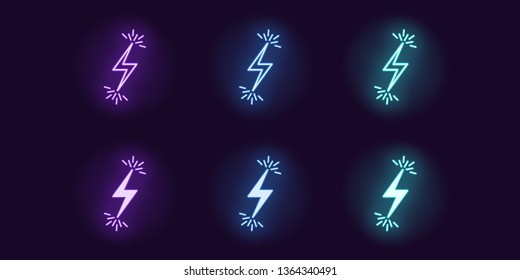 Neon icon set of Lightning bolt flash. Vector illustration of glowing Lightning with sparks. Electric strike charge. Neon glowing sign, symbol, icon. Violet, blue and azure color