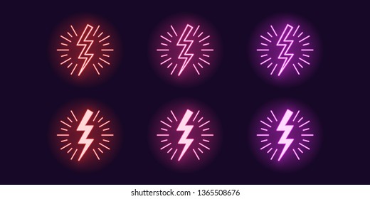 Neon icon set of Lightning bolt flash. Vector illustration of glowing zigzag Lightning surrounded sparks. Electric strike charge. Neon glowing sign, symbol, icon. Red, pink and purple color