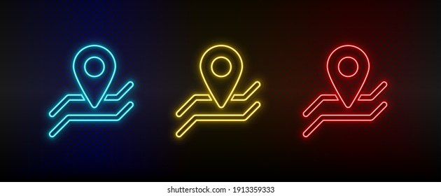 Neon icon set location, navigation. Set of red, blue, yellow neon vector icon