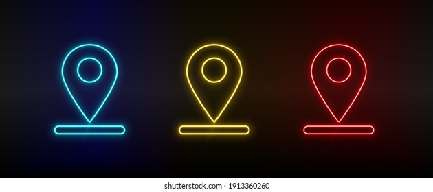 Ubicación del conjunto de iconos de neón, navegación. Icono de vector de neón rojo, azul, amarillo