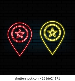 Neon-Symbol-Set Position, Navigation. Satz von roten, blauen, gelben Neon-Vektorsymbol.
