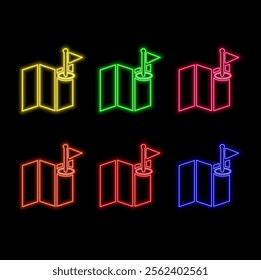 Neon icon set location, navigation. Set of red, blue, yellow neon vector icon.