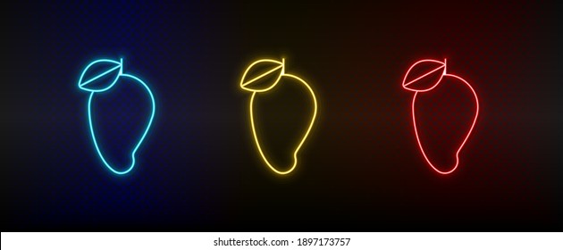 Neon icon set mango. Set of red, blue, yellow neon vector icon