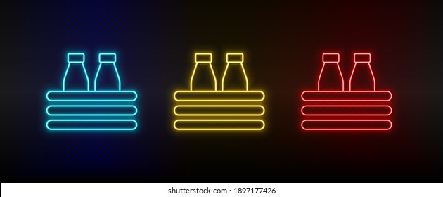 Neon icon set milk, bottle. Set of red, blue, yellow neon vector icon