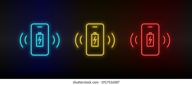 Neon icon set mobile, charger, notice. Set of red, blue, yellow neon vector icon